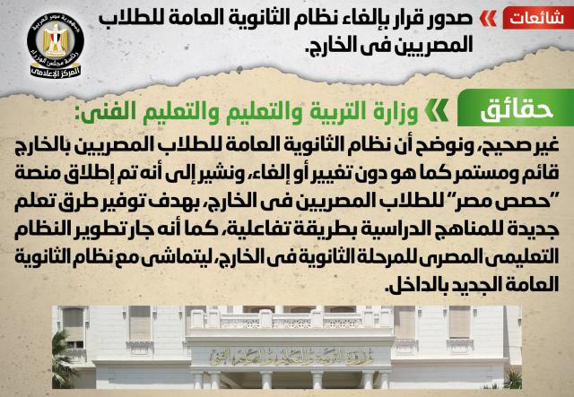 التعليم تنفى صدور قرار بإلغاء نظام الثانوية العامة للطلاب المصريين في الخارج