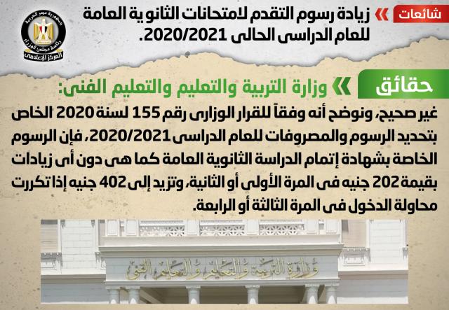 التعليم تنفى زيادة رسوم التقدم لامتحانات الثانوية العامة للعام الدراسي الحالي 2020/2021