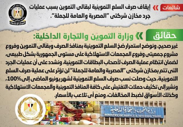 الحكومة تنفى إيقاف صرف السلع التموينية لبقالي التموين بسبب عمليات جرد مخازن شركتي ”المصرية والعامة للجملة”