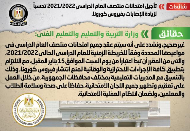 الحكومة تنفى تأجيل امتحانات منتصف العام الدراسي 2021/2022 تحسباً لزيادة الإصابات بفيروس كورونا