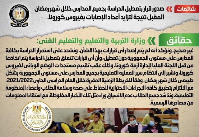الحكومة تنفى تعطيل الدراسة بجميع المدارس خلال شهر رمضان نتيجة لتزايد أعداد الإصابات بكورونا