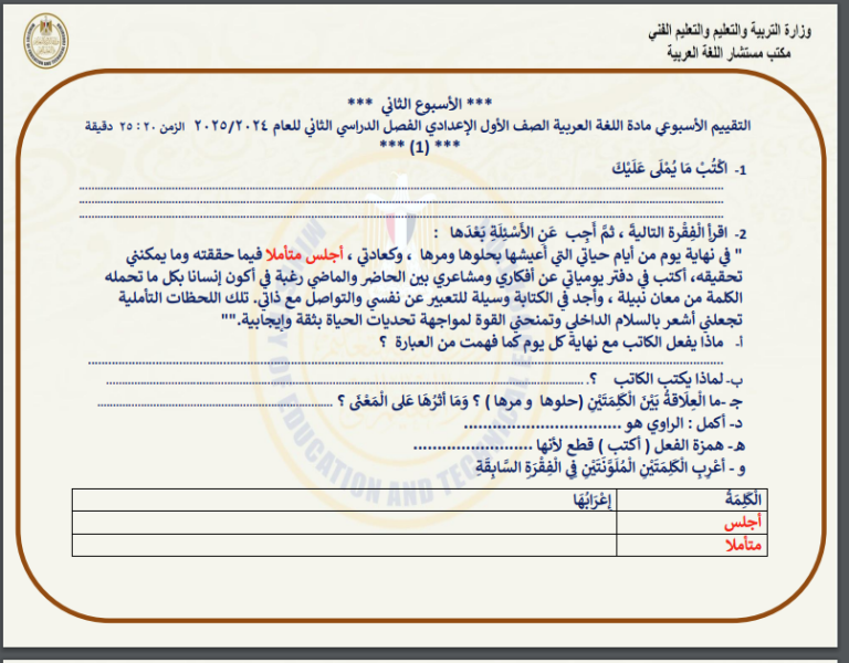 التقييمات الأسبوعية للصف الأول الإعدادي